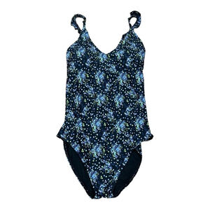 Aquarose Swimsuit Womens 2XL Black Blue Floral One Piece Tie Strap Ruched